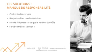 © Prima Ressource, 2020 - Tous droits réservés
• Confronter les excuses
• Responsabiliser par des questions
• Mettre l’emphase sur ce que le vendeur contrôle
• Forcer le mode « solution »
14
LES SOLUTIONS :
MANQUE DE RESPONSABILITÉ
 