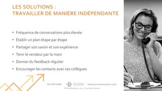 © Prima Ressource, 2020 - Tous droits réservés
17
LES SOLUTIONS :
TRAVAILLER DE MANIÈRE INDÉPENDANTE
• Fréquence de conversations plus élevée
• Établir un plan étape par étape
• Partager son savoir et son expérience
• Tenir le vendeur par la main
• Donner du feedback régulier
• Encourager les contacts avec ses collègues
 