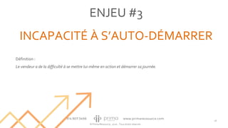 © Prima Ressource, 2020 - Tous droits réservés
ENJEU #3
INCAPACITÉ À S’AUTO-DÉMARRER
18
Définition :
Le vendeur a de la difficulté à se mettre lui-même en action et démarrer sa journée.
 
