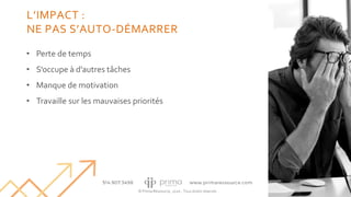 © Prima Ressource, 2020 - Tous droits réservés
• Perte de temps
• S’occupe à d’autres tâches
• Manque de motivation
• Travaille sur les mauvaises priorités
19
L’IMPACT :
NE PAS S’AUTO-DÉMARRER
 