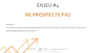 © Prima Ressource, 2020 - Tous droits réservés
ENJEU #4
NE PROSPECTE PAS
21
Définition :
Le vendeur ne prospecte pas proactivement pour de nouvelles opportunités sur une base régulière et sa réticence à
faire des appels interfère avec ses activités.
 