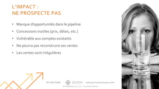 © Prima Ressource, 2020 - Tous droits réservés
• Manque d’opportunités dans le pipeline
• Concessions inutiles (prix, délais, etc.)
• Vulnérable aux comptes existants
• Ne pourra pas reconstruire ses ventes
• Les ventes sont irrégulières
23
L’IMPACT :
NE PROSPECTE PAS
 