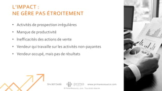 © Prima Ressource, 2020 - Tous droits réservés
• Activités de prospection irrégulières
• Manque de productivité
• Inefficacités des actions de vente
• Vendeur qui travaille sur les activités non-payantes
• Vendeur occupé, mais pas de résultats
27
L’IMPACT :
NE GÈRE PAS ÉTROITEMENT
 