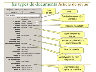 les types de documents Article de revue
 Informations importantes à saisir
 Titre, auteurs, nom du journal, volume numér...