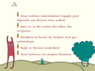Nous sommes naturellement équipés pour
répondre aux besoins d’un enfant.
Mais on se bat contre des idées, des
croyances
Satisfaire le besoin de l'enfant n'est pas
automatique
Rejet => Besoins insatisfaits
Nous traînons nos propres blessures
 