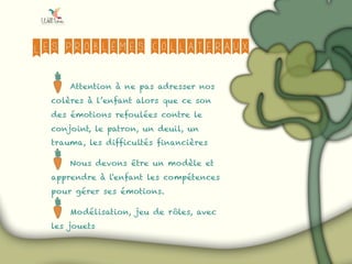 Les problèmes collatéraux
Attention à ne pas adresser nos
colères à l’enfant alors que ce son
des émotions refoulées contre le
conjoint, le patron, un deuil, un
trauma, les difficultés financières
Nous devons être un modèle et
apprendre à l'enfant les compétences
pour gérer ses émotions.
Modélisation, jeu de rôles, avec
les jouets
 