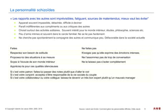 © Copyright Valentin de Leeuw 2004, 2005, 2016 9 共有者
La personnalité schizoïdes
« Les rapports avec les autres sont imprévisibles, fatiguant, sources de malentendus; mieux vaut les éviter”
 Apparait souvent impassible, détachée, difficile à deviner
 Paraît indifférentes aux compliments ou aux critiques des autres
 Choisit surtout des activités solitaires. Souvent intérêt pour le monde intérieur, études, philosophie, sciences etc.
 Peu d’amis intimes et souvent dans le cercle familial. Ne se lie pas facilement
 Ne cherche pas spontanément la compagnie des autres et communique peu. Défavorable dans la société actuelle
Faites Ne faites pas
Respectez son besoin de solitude N’exigez pas qu’elle exprime des émotions intenses.
Proposez-lui des situations à sa mesure Ne l’assommez pas de trop de conversation
Soyez à l’écoute de son monde intérieur Ne la laissez pas s’isoler complètement
Appréciez-la pour ces qualités silencieuses
Si c’est votre patron: faites-lui passer des notes plutôt que d’aller le voir
Si c’est votre conjoint: acceptez d’être responsable de la vie sociale du couple
Si c’est votre collaborateur ou votre collègue: laissez-le devenir un très bon expert plutôt qu’un mauvais manager
Source: Lelord and André: Comment gérer les personnalités difficiles, Odile Jacob
 