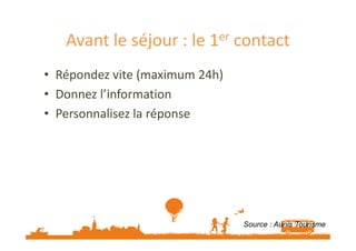 Avant le séjour : le 1er contact 
• Répondez vite (maximum 24h) 
• Donnez l’information 
• Personnalisez la réponse 
Source : Aunis Tourisme 
 