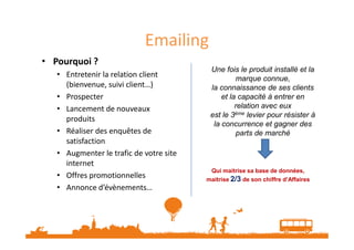 Emailing 
• Pourquoi ? 
• Entretenir la relation client 
(bienvenue, suivi client…) 
• Prospecter 
• Lancement de nouveaux 
produits 
Une fois le produit installé et la 
marque connue, 
la connaissance de ses clients 
et la capacité à entrer en 
relation avec eux 
est le 3ème levier pour résister à 
la concurrence et gagner des 
• Réaliser des enquêtes de 
satisfaction 
• Augmenter le trafic de votre site 
internet 
• Offres promotionnelles 
• Annonce d’évènements… 
parts de marché 
Qui maitrise sa base de données, 
maitrise 2/3 de son chiffre d’Affaires 
 