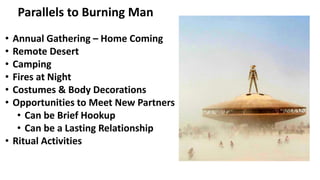 Parallels to Burning Man
• Annual Gathering – Home Coming
• Remote Desert
• Camping
• Fires at Night
• Costumes & Body Decorations
• Opportunities to Meet New Partners
• Can be Brief Hookup
• Can be a Lasting Relationship
• Ritual Activities
 