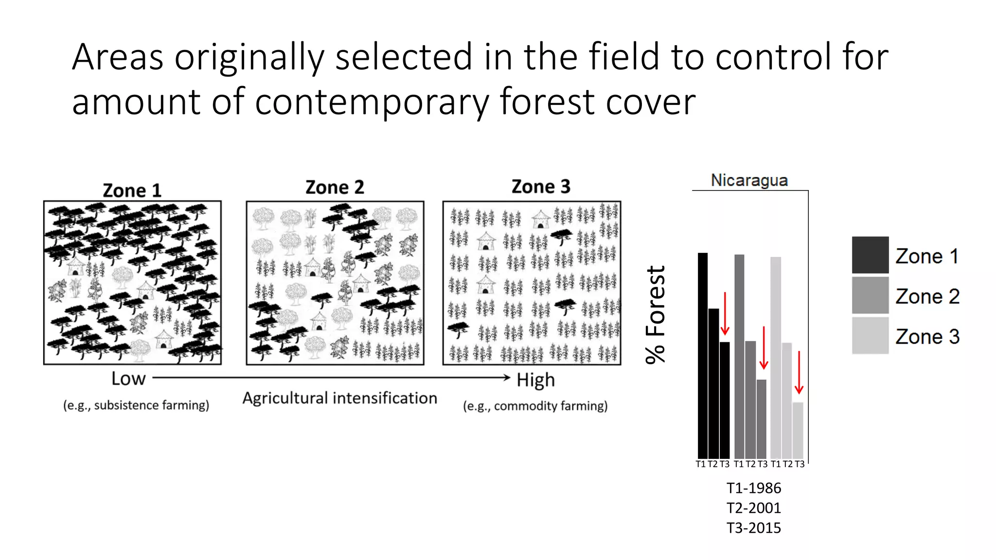 Areas originally selected in the field to control for
amount of contemporary forest cover
%Forest
T1-1986
T2-2001
T3-2015
T1 T2 T3 T1 T2 T3T1 T2 T3
 