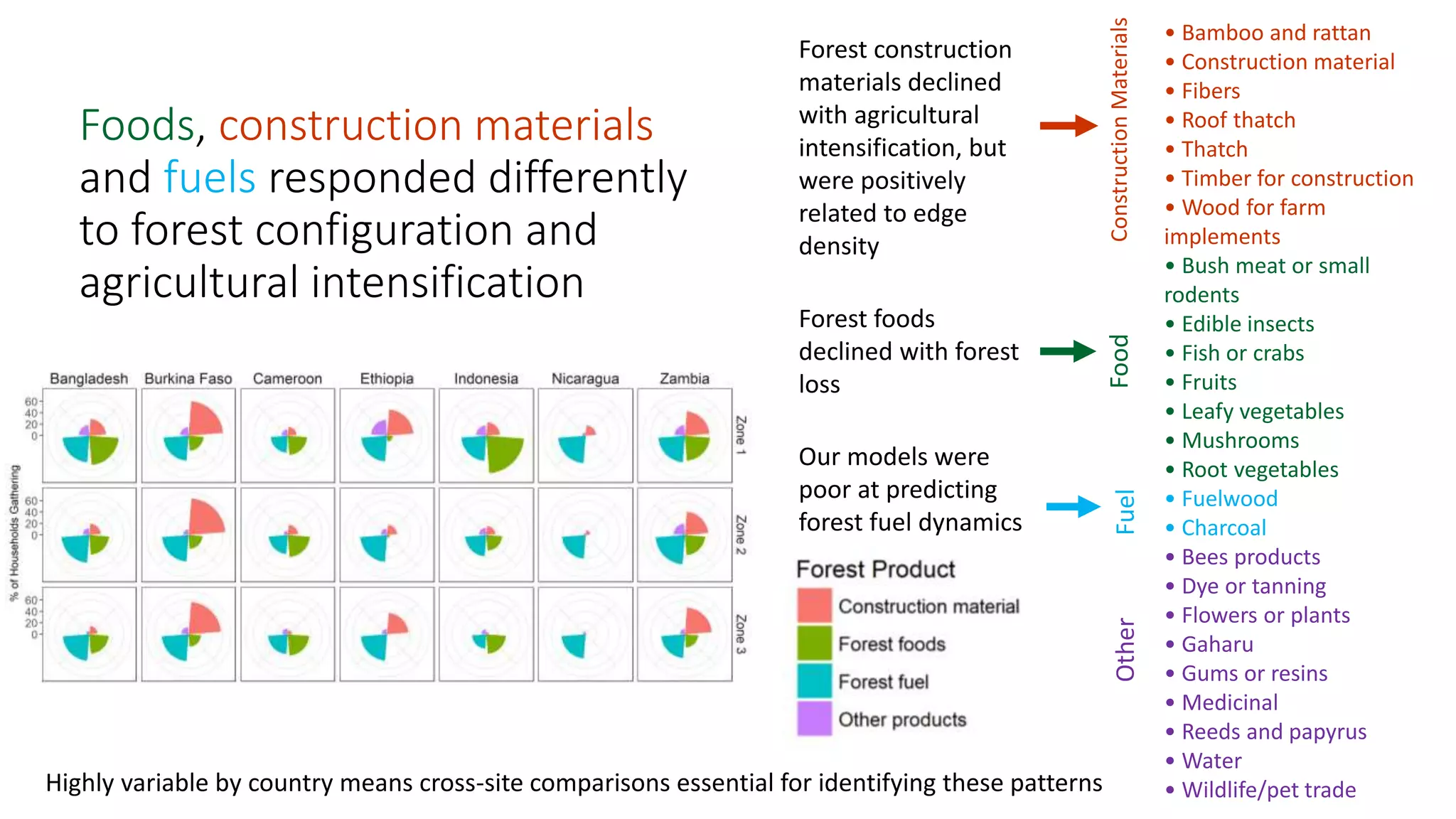 • Bamboo and rattan
• Construction material
• Fibers
• Roof thatch
• Thatch
• Timber for construction
• Wood for farm
implements
• Bush meat or small
rodents
• Edible insects
• Fish or crabs
• Fruits
• Leafy vegetables
• Mushrooms
• Root vegetables
• Fuelwood
• Charcoal
• Bees products
• Dye or tanning
• Flowers or plants
• Gaharu
• Gums or resins
• Medicinal
• Reeds and papyrus
• Water
• Wildlife/pet trade
ConstructionMaterialsFoodFuelOther
Foods, construction materials
and fuels responded differently
to forest configuration and
agricultural intensification
Forest construction
materials declined
with agricultural
intensification, but
were positively
related to edge
density
Forest foods
declined with forest
loss
Highly variable by country means cross-site comparisons essential for identifying these patterns
Our models were
poor at predicting
forest fuel dynamics
 