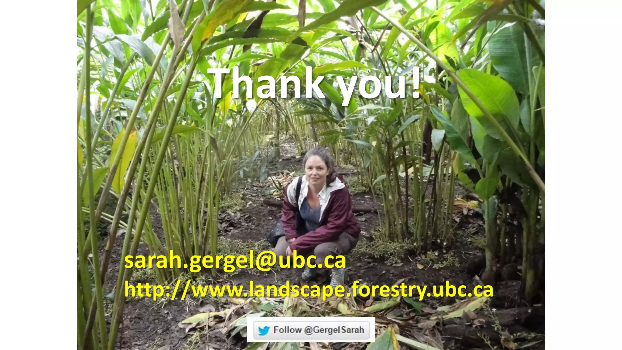 Thank you!
sarah.gergel@ubc.ca
http://www.landscape.forestry.ubc.ca
 