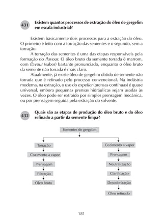 181
Existem quantos processos de extração do óleo de gergelim
em escala industrial?
Existem basicamente dois processos para a extração do óleo.
O primeiro é feito com a torração das sementes e o segundo, sem a
torração.
A torração das sementes é uma das etapas responsáveis pela
formação do flavour. O óleo bruto da semente torrada é marrom,
com flavour (sabor) bastante pronunciado, enquanto o óleo bruto
da semente não torrada é mais claro.
Atualmente, já existe óleo de gergelim obtido de semente não
torrada que é refinado pelo processo convencional. Na indústria
moderna, na extração, o uso do expeller (prensas contínuas) é quase
universal, embora pequenas prensas hidráulicas sejam usadas às
vezes. O óleo pode ser extraído por simples prensagem mecânica,
ou por prensagem seguida pela extração do solvente.
Quais são as etapas de produção do óleo bruto e do óleo
refinado a partir da semente limpa?282432
282431
 