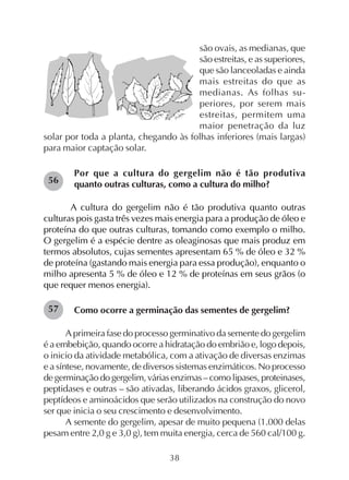 38
são ovais, as medianas, que
são estreitas, e as superiores,
que são lanceoladas e ainda
mais estreitas do que as
medianas. As folhas su-
periores, por serem mais
estreitas, permitem uma
maior penetração da luz
solar por toda a planta, chegando às folhas inferiores (mais largas)
para maior captação solar.
Por que a cultura do gergelim não é tão produtiva
quanto outras culturas, como a cultura do milho?
A cultura do gergelim não é tão produtiva quanto outras
culturas pois gasta três vezes mais energia para a produção de óleo e
proteína do que outras culturas, tomando como exemplo o milho.
O gergelim é a espécie dentre as oleaginosas que mais produz em
termos absolutos, cujas sementes apresentam 65 % de óleo e 32 %
de proteína (gastando mais energia para essa produção), enquanto o
milho apresenta 5 % de óleo e 12 % de proteínas em seus grãos (o
que requer menos energia).
Como ocorre a germinação das sementes de gergelim?
A primeira fase do processo germinativo da semente do gergelim
é a embebição, quando ocorre a hidratação do embrião e, logo depois,
o inicio da atividade metabólica, com a ativação de diversas enzimas
e a síntese, novamente, de diversos sistemas enzimáticos. No processo
degerminaçãodogergelim,váriasenzimas–comolipases,proteinases,
peptidases e outras – são ativadas, liberando ácidos graxos, glicerol,
peptídeos e aminoácidos que serão utilizados na construção do novo
ser que inicia o seu crescimento e desenvolvimento.
A semente do gergelim, apesar de muito pequena (1.000 delas
pesam entre 2,0 g e 3,0 g), tem muita energia, cerca de 560 cal/100 g.
56
57
 