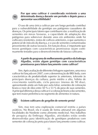 55
Por que uma cultivar é considerada resistente a uma
determinada doença durante um período e depois passa a
apresentar suscetibilidade?
O uso de uma única cultivar por um longo período contribui
para a vulnerabilidade do genótipo aos patógenos causadores de
doenças. Os principais fatores que contribuem são: a reutilização de
sementes em novas lavouras, a capacidade de adaptação dos
patógenos para sobreviver durante anos em ambientes onde há
cultivares resistentes, restos de cultivos anteriores, o que aumenta o
potencial de inóculo da doença, e o uso de sementes contaminadas
provenientes de outras lavouras. Em função disso, é importante que
novos genótipos com características promissoras sejam conti-
nuamente testados para o desenvolvimento de futuras cultivares.
A partir do programa de melhoramento genético da Embrapa
Algodão, existe algum genótipo com características
promissoras para futuro lançamento como cultivar?
Sim.Apósavaliaçãodediferenteslinhagenssuperiores,umanova
cultivar foi lançada em 2007, com a denominação de BRS Seda, com
características de produtividade superior às anteriores, tolerante às
principais doenças da cultura, porte médio a alto, hábito de
crescimento ramificado, ciclo precoce (menos de 90 dias),
apresentando ainda um fruto por axila foliar, sementes de coloração
branca e teor de óleo entre 50 % e 53 % do peso de suas sementes.
A principal diferença dessa cultivar é a coloração branca das sementes,
que tem maior preferência no segmento de alimentos in natura.
Existem cultivares de gergelim de semente preta?
Sim, mas tem uma exploração comercial restrita a países
asiáticos. No Brasil, ela é usada de forma artesanal em algumas
localidades do Nordeste como alimento medicinal. Nos trabalhos
de pesquisa da Embrapa Algodão, atividades estão sendo
desenvolvidas para identificação de genótipos produtivos com
sementes de coloração preta para futuro lançamento como cultivar.
96
94
95
 