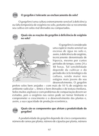 97
O gergelim é tolerante ao encharcamento do solo?
O gergelim é uma cultura extremamente sensível à deficiência
ou falta temporária de oxigênio no solo, portanto não se recomenda
seu cultivo em solos mal drenados ou compactados.
Quais são as reações do gergelim à deficiência de oxigênio
no solo?
O gergelim é considerado
uma espécie muito sensível ao
excesso de água no solo e,
assim, à deficiência de oxigênio,
tecnicamente denominada de
hipoxia, mesmo por curtos
períodos de tempo, como 24 a
48 horas. Tal sensibilidade
depende da cultivar e do
período do ciclo fenológico da
cultura, sendo maior nos
estágios mais jovens do seu
desenvolvimento. O gergelim
prefere solos bem arejados – com mais de 10 % de oxigênio no
ambiente radicular –, férteis e bem drenados e de textura mediana.
Solos muitos argilosos e com problemas de compactação devem ser
evitados, pois o oxigênio nas raízes pode ser tornar limitante e
comprometer o crescimento e o desenvolvimento das plantas e,
assim, a sua capacidade de produção econômica.
Quais são os componentes que afetam a produtividade do
gergelim?
A produtividade do gergelim depende de cinco componentes:
número de ramos por planta, número de cápsulas por planta, número
216
217
218
 