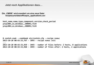 13.09.16 www.consol.de
Jetzt noch Applikationen dazu…
Die „CMDB“ wird erweitert um eine neue Datei
recipes/yns/data/officepcs_applications.csv
host_name,name,type,component,version,check_period
ynspc001,os,Windows,,2008R2,7x24
ynspc002,os,Windows,,2008R2,7x24
$ coshsh-cook --cookbook etc/coshsh.cfg --recipe nsmuc
2013-10-20 00:43:33,767 - INFO - recipe nsmuc init
...
2013-10-20 00:43:33,959 - INFO - number of files before: 2 hosts, 0 applications
2013-10-20 00:43:33,960 - INFO - number of files after: 2 hosts, 2 applications
 