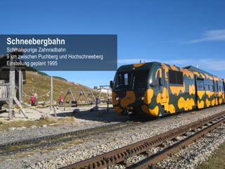 Schneebergbahn
Schmalspurige Zahnradbahn
9 km zwischen Puchberg und Hochschneeberg
Einstellung geplant 1995




          ...