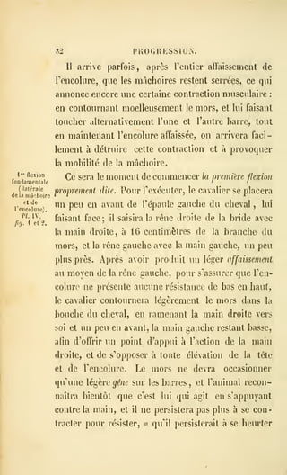 82 PROGRESSION.
Il arrive parfois , après Fentier atFaissement de
rencoliire, que les mâchoires restent serrées, ce qui
annonce encore une certaine contraction musculaii'e :
en contournant moelleusement le mors, et lui faisant
toucher alternativement Tune et l'autre barre, tout
en maintenant l'encolure affaissée, on arrivera faci-
lement à détruire cette contraction et à provoquer
la mobilité de la mâchoire.
'^ nexion
Qq ggj.^ ]g moment de commencer la première flexion
lOD'Iamenlale ^ '
(
li'téiaie
proprement dite. Pour Texécuter, le cavalier se placera
delà rriai-hoire i i ? r
rei'cofuie^
un pcu cu avant de Tépaule gauche du cheval , lui
r ^ '> faisant face: il saisira la rêne droite de la bride avec
fifj. 1 et ?. '
la main droite, à 16 centimètres de la branche du
mors, et la rêne gauche avec la main gauche, un peu
plus près. Après avoir produit un léger affaissement
au moyen de la rêne gauche, pour s'assurer que Ten-
colure ne présente aucune résistance de bas en haut,
le cavalier contournera légèrement le mors dans la
bouche du cheval, en ramenant la main droite vers
soi et un peu en avant, la main gauche restant basse,
afin d'oflrir un point d'appui à l'action de la main
droite, et de s'opposer à toute élévation de la tête
et de Tencolure. Le mors ne devra occasionner
qu'une légère ^êne sur les barres , et Fanimal recon-
naîtra bientôt que c'est lui qui agit en s'appuyant
contre la main, et il ne persistera pas plus à se con-
tracler pour résister, « qu'il persisterait à se heurter
 