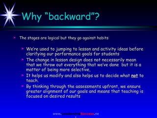 Why “backward”? <ul><li>The stages are logical but they go against habits </li></ul><ul><ul><li>We’re used to jumping to l...