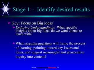 Stage 1 –  Identify desired results <ul><li>Key: Focus on Big ideas </li></ul><ul><ul><li>Enduring Understandings :   What...