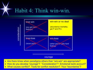 Habit 4: Think win-win.    Are there times when paradigms others than “win-win” are appropriate?    How do you develop “...