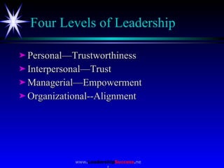 Four Levels of Leadership <ul><li>Personal—Trustworthiness </li></ul><ul><li>Interpersonal—Trust </li></ul><ul><li>Manager...