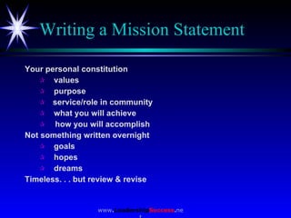Writing a Mission Statement <ul><li>Your personal constitution </li></ul><ul><ul><li>values </li></ul></ul><ul><ul><li>pur...