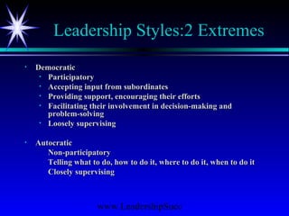 www.LeadershipSucc
Leadership Styles:2 Extremes
• DemocraticDemocratic
• ParticipatoryParticipatory
• Accepting input from subordinatesAccepting input from subordinates
• Providing support, encouraging their effortsProviding support, encouraging their efforts
• Facilitating their involvement in decision-making andFacilitating their involvement in decision-making and
problem-solvingproblem-solving
• Loosely supervisingLoosely supervising
• AutocraticAutocratic
Non-participatoryNon-participatory
Telling what to do, how to do it, where to do it, when to do itTelling what to do, how to do it, where to do it, when to do it
Closely supervisingClosely supervising
 