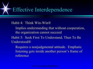 www.LeadershipSucc
Effective Interdependence
Habit 4: Think Win-Win®Habit 4: Think Win-Win®
Implies understanding that without cooperation,Implies understanding that without cooperation,
the organization cannot succeedthe organization cannot succeed
Habit 5: Seek First To Understand, Then To BeHabit 5: Seek First To Understand, Then To Be
Understood®Understood®
Requires a nonjudgmental attitude. EmphaticRequires a nonjudgmental attitude. Emphatic
listening gets inside another person’s frame oflistening gets inside another person’s frame of
referencereference
 