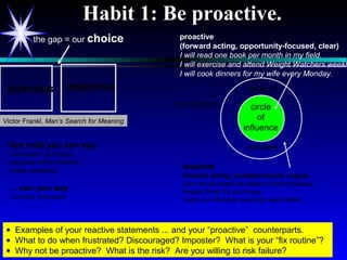 www.LeadershipSucc
Habit 1: Be proactive.
Not until you can say
I am what I am today
because of the choices I
made yesterday.
... can you say
I choose otherwise.
• Examples of your reactive statements ... and your “proactive” counterparts.
• What to do when frustrated? Discouraged? Imposter? What is your “fix routine”?
• Why not be proactive? What is the risk? Are you willing to risk failure?
stimulus response
the gap = our choice
Victor Frankl, Man’s Search for Meaning
reactive
(reverse acting, problem-bound, vague)
I am not as smart as others in this company.
People think I’m too heavy.
I wish our Monday evenings were better.
circle
of
influence
circle of
concern
no concern
proactive
(forward acting, opportunity-focused, clear)
I will read one book per month in my field.
I will exercise and attend Weight Watchers weekl
I will cook dinners for my wife every Monday.
 