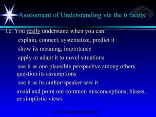 www.LeadershipSucc
Assessment of Understanding via the 6 facets
i.e. Youi.e. You reallyreally understand when you can:understand when you can:
explain, connect, systematize, predict itexplain, connect, systematize, predict it
show its meaning, importanceshow its meaning, importance
apply or adapt it to novel situationsapply or adapt it to novel situations
see it as one plausible perspective among others,see it as one plausible perspective among others,
question its assumptionsquestion its assumptions
see it as its author/speaker saw itsee it as its author/speaker saw it
avoid and point out common misconceptions, biases,avoid and point out common misconceptions, biases,
or simplistic viewsor simplistic views
 