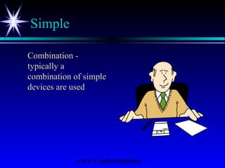 www.LeadershipSucc
Simple
Combination -Combination -
typically atypically a
combination of simplecombination of simple
devices are useddevices are used
 