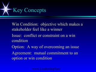 www.LeadershipSucc
Key Concepts
Win Condition: objective which makes aWin Condition: objective which makes a
stakeholder feel like a winnerstakeholder feel like a winner
Issue: conflict or constraint on a winIssue: conflict or constraint on a win
conditioncondition
Option: A way of overcoming an issueOption: A way of overcoming an issue
Agreement: mutual commitment to anAgreement: mutual commitment to an
option or win conditionoption or win condition
 