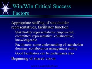 www.LeadershipSucc
Win/Win Critical Success
Factors
Appropriate staffing of stakeholderAppropriate staffing of stakeholder
representatives, facilitator functionrepresentatives, facilitator function
Stakeholder representatives: empowered,Stakeholder representatives: empowered,
committed, representative, collaborative,committed, representative, collaborative,
knowledgeableknowledgeable
Facilitators: some understanding of stakeholderFacilitators: some understanding of stakeholder
domains, collaboration management abilitydomains, collaboration management ability
Good facilitators can be participants alsoGood facilitators can be participants also
Beginning of shared visionBeginning of shared vision
 