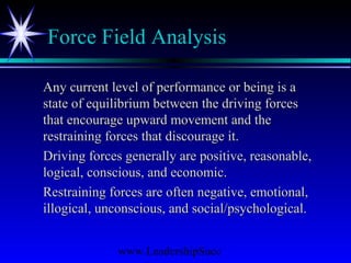 www.LeadershipSucc
Force Field Analysis
Any current level of performance or being is aAny current level of performance or being is a
state of equilibrium between the driving forcesstate of equilibrium between the driving forces
that encourage upward movement and thethat encourage upward movement and the
restraining forces that discourage it.restraining forces that discourage it.
Driving forces generally are positive, reasonable,Driving forces generally are positive, reasonable,
logical, conscious, and economic.logical, conscious, and economic.
Restraining forces are often negative, emotional,Restraining forces are often negative, emotional,
illogical, unconscious, and social/psychological.illogical, unconscious, and social/psychological.
 