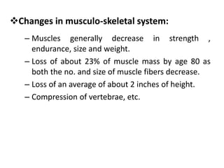 – Muscles generally decrease in strength ,
endurance, size and weight.
– Loss of about 23% of muscle mass by age 80 as
both the no. and size of muscle fibers decrease.
– Loss of an average of about 2 inches of height.
– Compression of vertebrae, etc.
Changes in musculo-skeletal system:
 