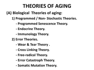 THEORIES OF AGING
(A) Biological Theories of aging:
1) Programmed / Non- Stochastic Theories.
- Programmed Senescence Theo...