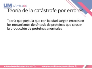 Teoría de la catástrofe por errores
Teoría que postula que con la edad surgen errores en
los mecanismos de síntesis de proteínas que causan
la producción de proteínas anormales
 