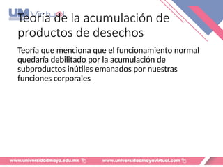 Teoría de la acumulación de
productos de desechos
Teoría que menciona que el funcionamiento normal
quedaría debilitado por la acumulación de
subproductos inútiles emanados por nuestras
funciones corporales
 