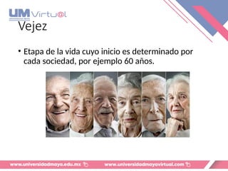Vejez
• Etapa de la vida cuyo inicio es determinado por
cada sociedad, por ejemplo 60 años.
 