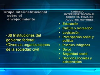 Grupo Interinstitucional             CONSEJO
                                 INTERINSTITUCIONAL
  sobre el                        SOBRE EL TEMA DE
  envejecimiento                  ADULTOS MAYORES
                            •   Educación
                            •   Cultura y recreación
                            •   Legislación
 • 38Instituciones del      •   Participación social y
 gobierno federal               política
 •Diversas organizaciones   •   Pueblos indígenas
 de la sociedad civil       •   Salud
                            •   Seguridad social
                            •   Servicios sociales y
                                asistenciales
 