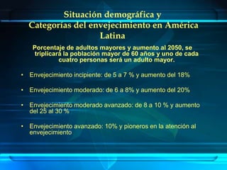 Situación demográfica y
  Categorías del envejecimiento en América
                   Latina
   Porcentaje de adultos mayores y aumento al 2050, se
    triplicará la población mayor de 60 años y uno de cada
             cuatro personas será un adulto mayor.

• Envejecimiento incipiente: de 5 a 7 % y aumento del 18%

• Envejecimiento moderado: de 6 a 8% y aumento del 20%

• Envejecimiento moderado avanzado: de 8 a 10 % y aumento
  del 25 al 30 %

• Envejecimiento avanzado: 10% y pioneros en la atención al
  envejecimiento
 