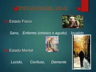 TIPIFICACION DEL VIEJO 
A) EEssttaaddoo FFííssiiccoo 
Sano, Enfermo (crónico o agudo), Invalido 
B) EEssttaaddoo MMeennttaall 
Lucido, Confuso, Demente 
 