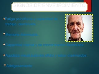 SIGNOS DE ENVEJECIMIENTO 
Fatiga psicofísica y capacidad de 
trabajo, disminuida. 
Memoria disminuida. 
Capacidad mental y de concentración disminuida. 
Agudeza visual,audición,olfato y sabor disminuidos. 
Adelgazamiento 
 