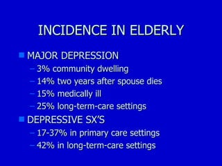 INCIDENCE IN ELDERLY MAJOR DEPRESSION 3% community dwelling 14% two years after spouse dies 15% medically ill 25% long-term-care settings DEPRESSIVE SX’S 17-37% in primary care settings 42% in long-term-care settings 