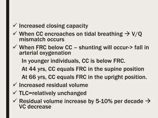  Increased closing capacity
 When CC encroaches on tidal breathing  V/Q
mismatch occurs
 When FRC below CC – shunting will occur-> fall in
arterial oxygenation
In younger individuals, CC is below FRC.
At 44 yrs, CC equals FRC in the supine position
At 66 yrs, CC equals FRC in the upright position.
 Increased residual volume
 TLC=relatively unchanged
 Residual volume increase by 5-10% per decade 
VC decrease
 