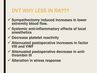 DVT WHY LESS IN RA???
 Sympathectomy induced increases in lower
extremity blood flow.
 Systemic anti-inflammatory effects of local
anesthetics
 Decrease platelet reactivity
 Attenuated postoperative increases in factor
VIII and VWF
 Attenuated postoperative decrease in anti-
thrombin III
 Alteration in stress response
 