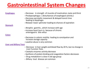 Gastrointestinal System Changes
Esophagus --Decrease in strength of muscles of mastication, taste and thirst
--Presbyesophagus ( disturbances of esophageal activity )
--Decrease peristaltic movement & delayed transit time
leading to dysphagia
--Relaxed lower sphincter leading to chances of aspiration
Stomach
--Atrophic gastritis , which increase with age
--Increase heart burn in because of chronic
enterogastric bile reflux
Colon
--Decrease in colonic motility leading to constipation and
increase storage capacity
--Laxative abuse is very common
Liver and Billiary Tract
-- Decrease in liver weight and blood flow by 20 %, but no change in
Liver Function Tests
--Catalytic enzymes activity decrease
--Synthesis of protein binding and coagulation factors decreases
-- Drug metabolism is slow in old age group
-- Billiary tract disease are common
tmc 23
 